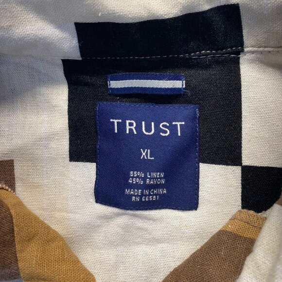 Trust Men's Button Up Shirt Color Block Brown Linen Short Sleeve Size XL Linen - Picture 3 of 9
